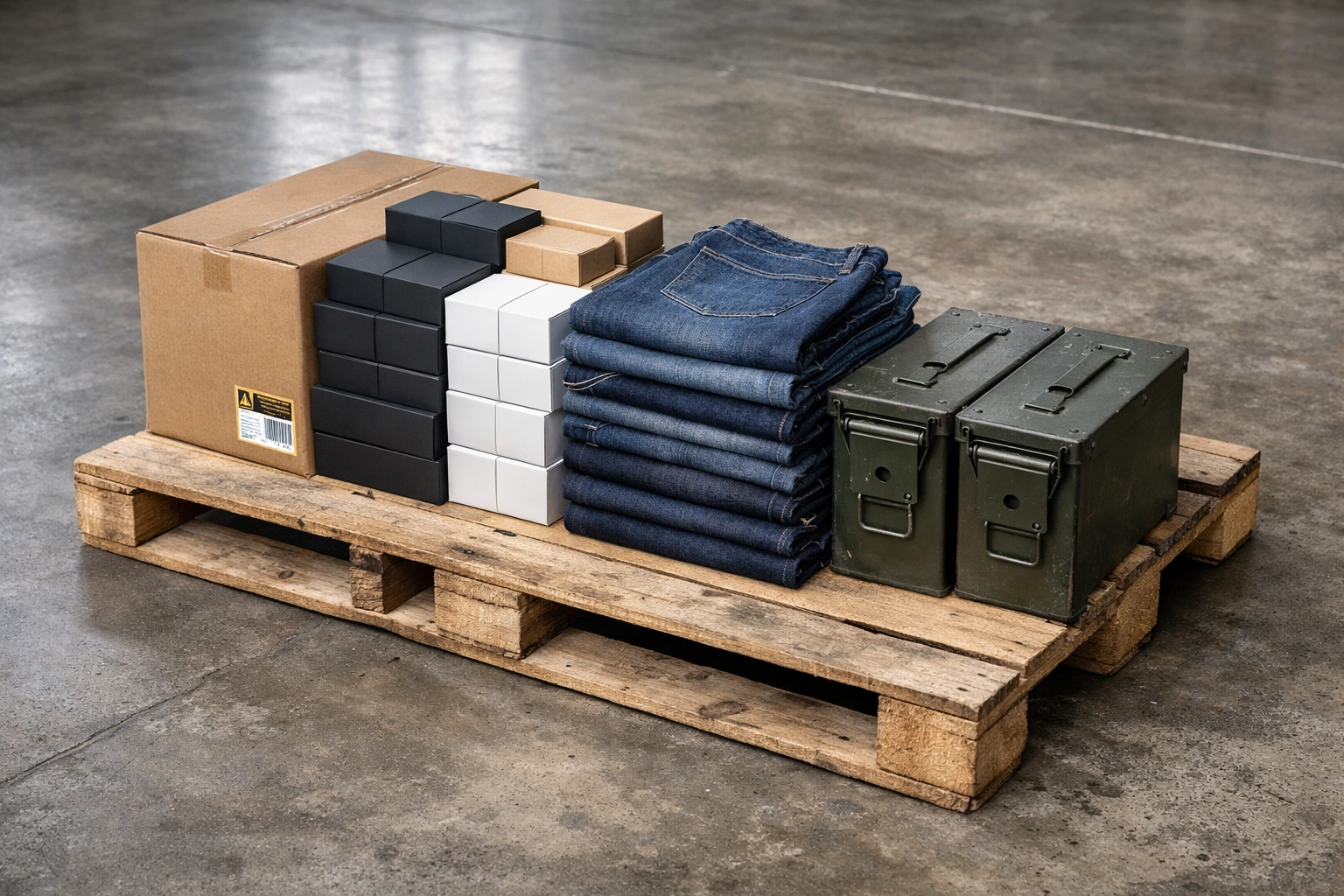 Wholesale inventory pallet with cosmetics and clothing from vetted Amazon FBA suppliers in a warehouse.