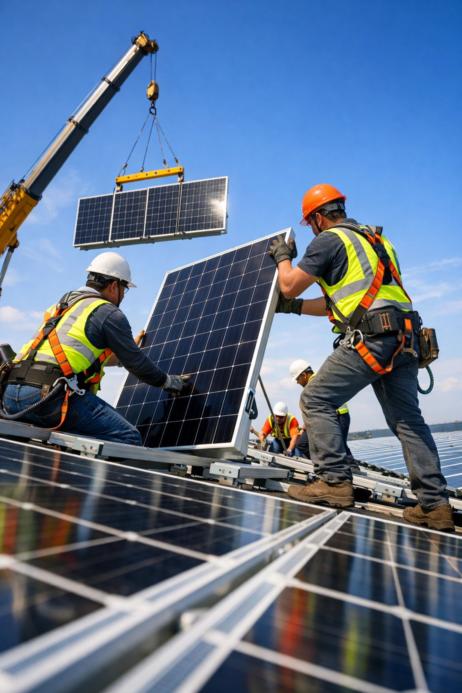 Professional solar installers mounting commercial panels on business rooftop in the UK