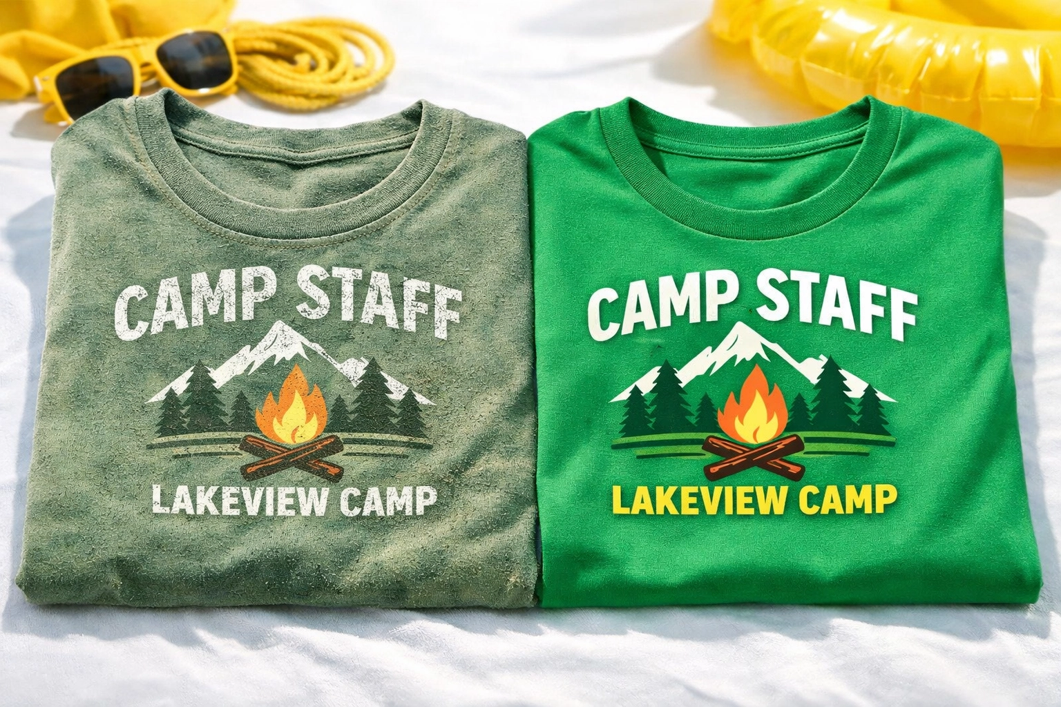Worn cotton camp staff shirt compared to durable polyester-blend shirt showing fabric quality difference