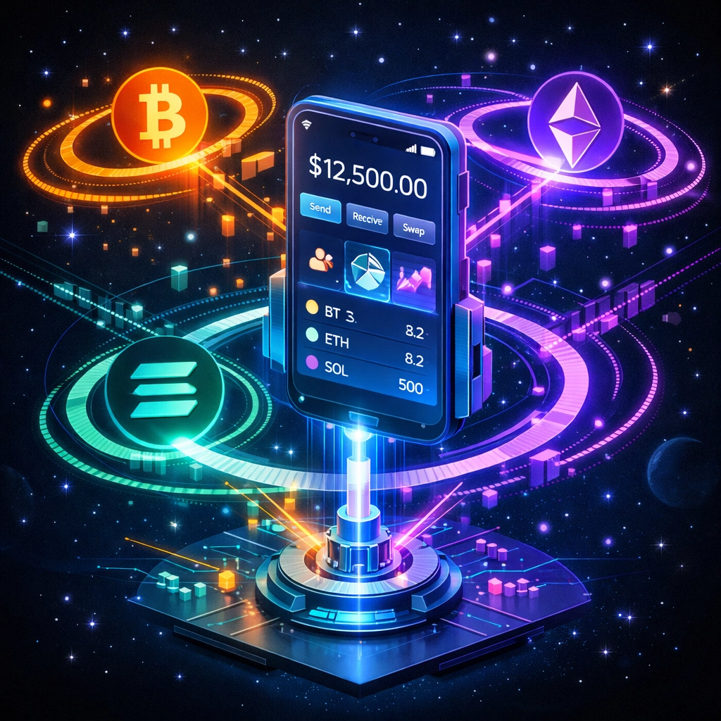Multi-chain crypto wallet connecting Bitcoin, Ethereum, and Solana networks seamlessly