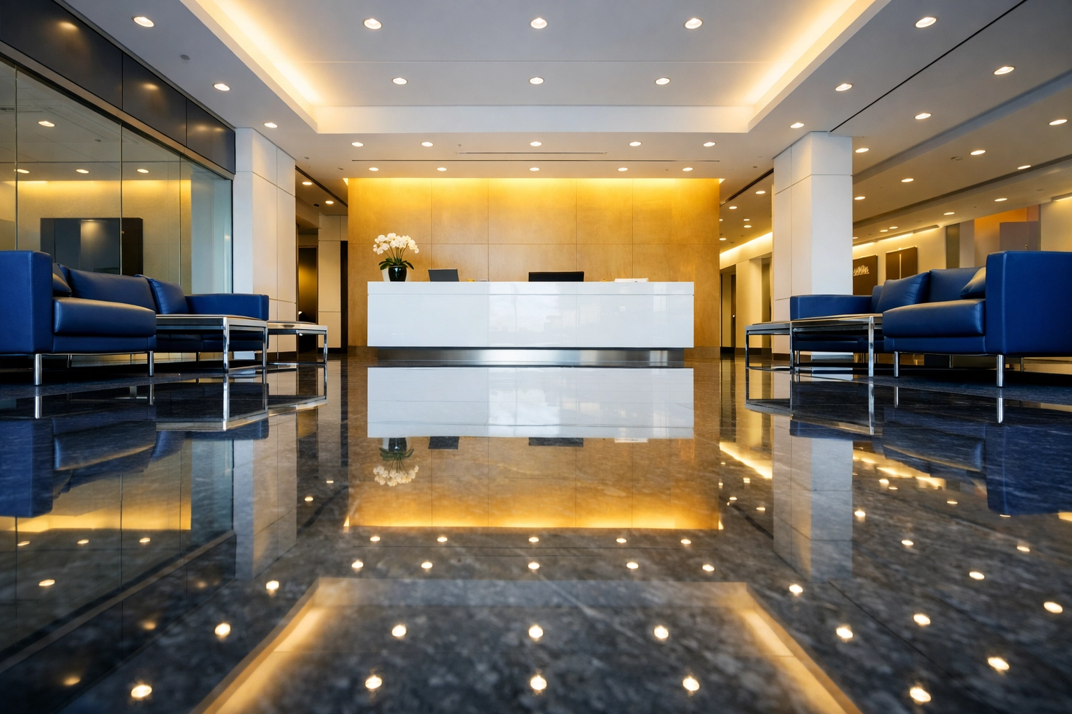A pristine corporate lobby in Groton, MA with polished marble floors after professional commercial cleaning.