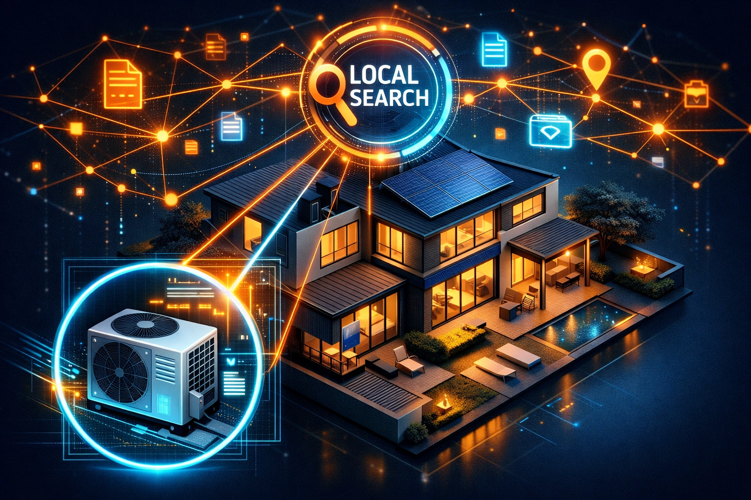 Illustration of local search data and SEO optimization connecting a home to local HVAC service results.