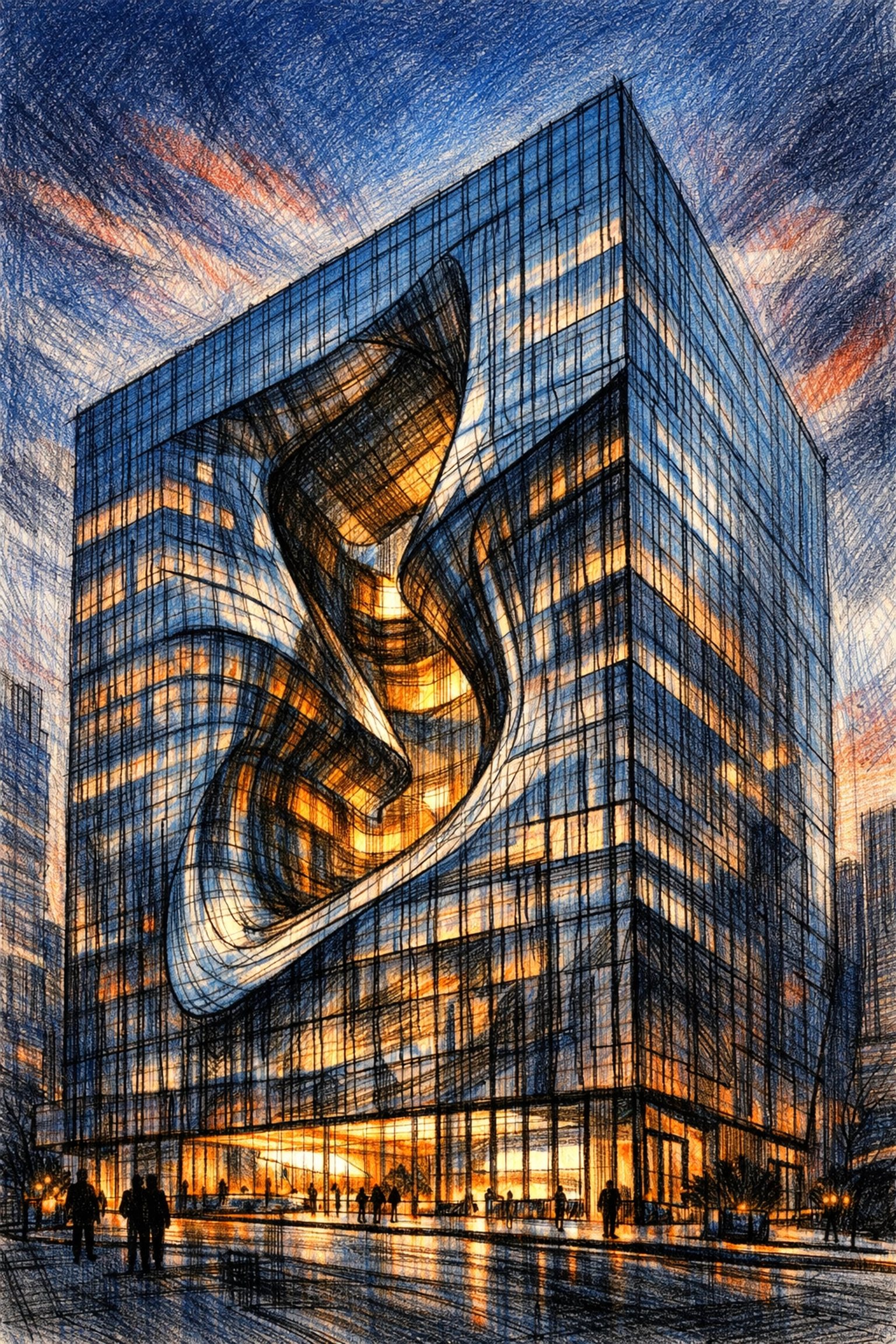 Modern luxury hotel architecture featuring a fluid glass facade and iconic central void.