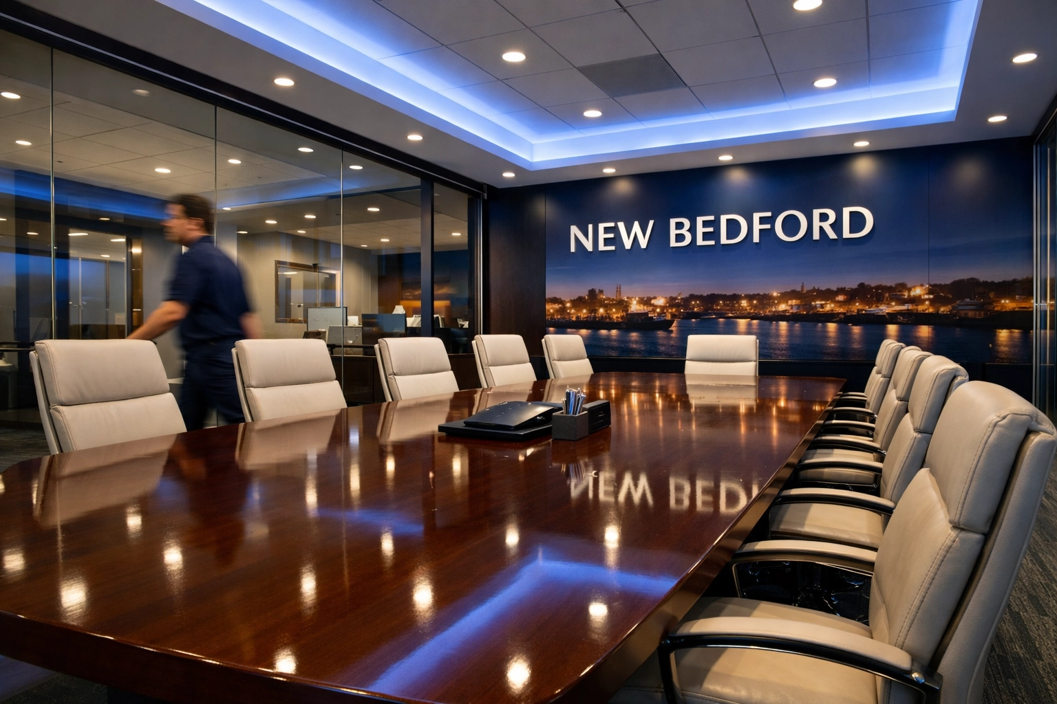 Clean conference room in a New Bedford office featuring a polished mahogany table and professional cleaning services.
