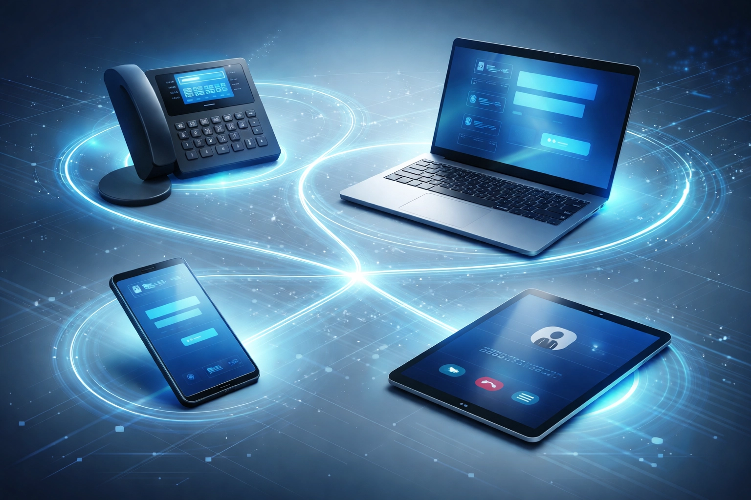 VoIP phone system devices including desk phone, laptop, smartphone, and tablet all connected for small business