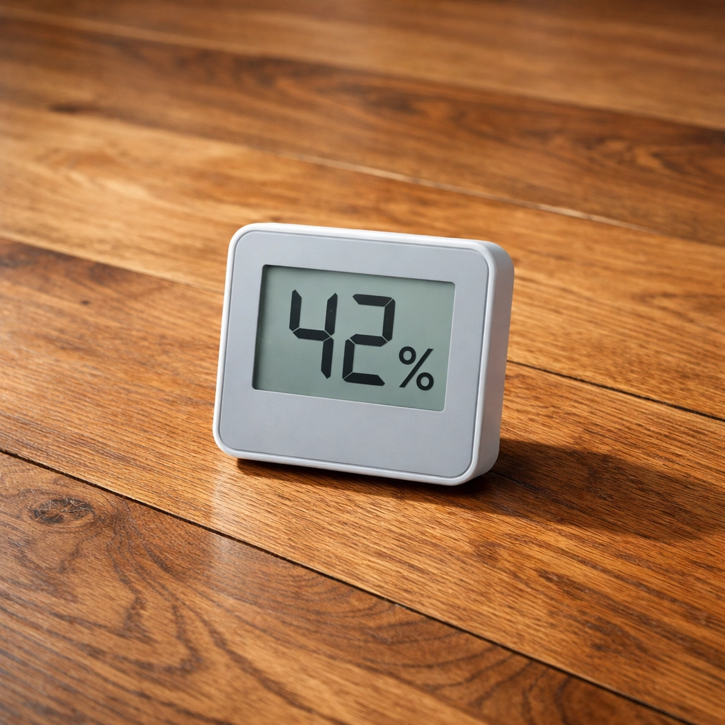 Hygrometer monitoring humidity levels on hardwood floor to prevent winter damage
