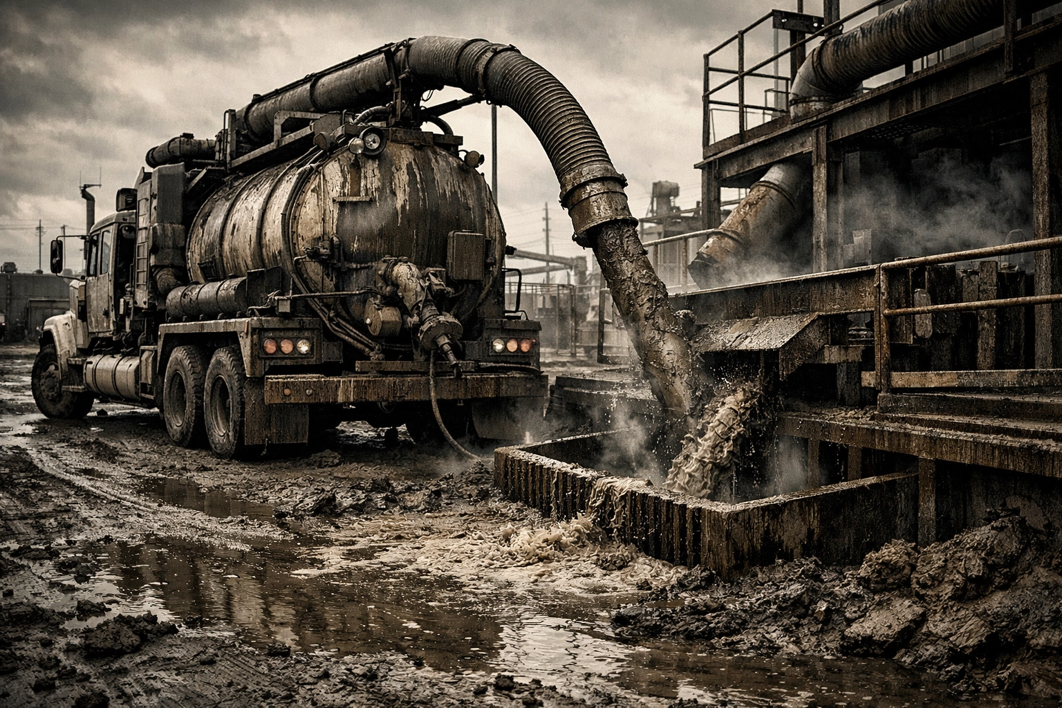 A hydrovac truck unloading wet slurry at a dedicated industrial waste disposal facility.