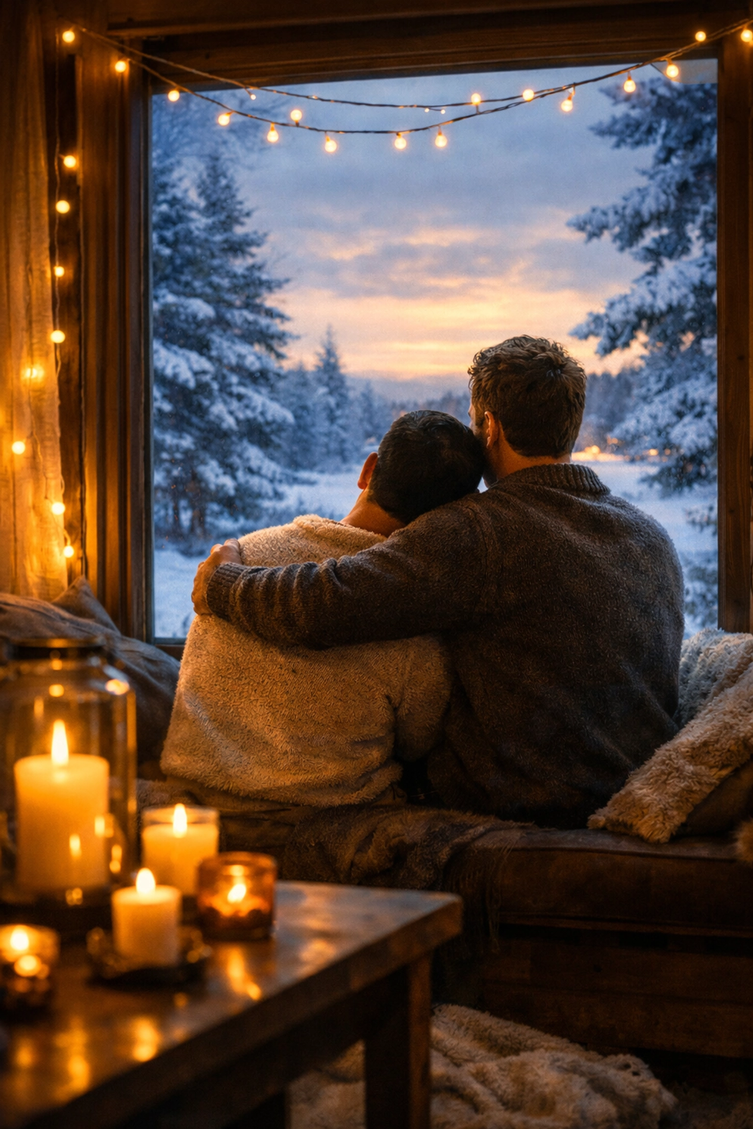 Gay couple sharing intimate winter moment by candlelight reclaiming seasonal joy