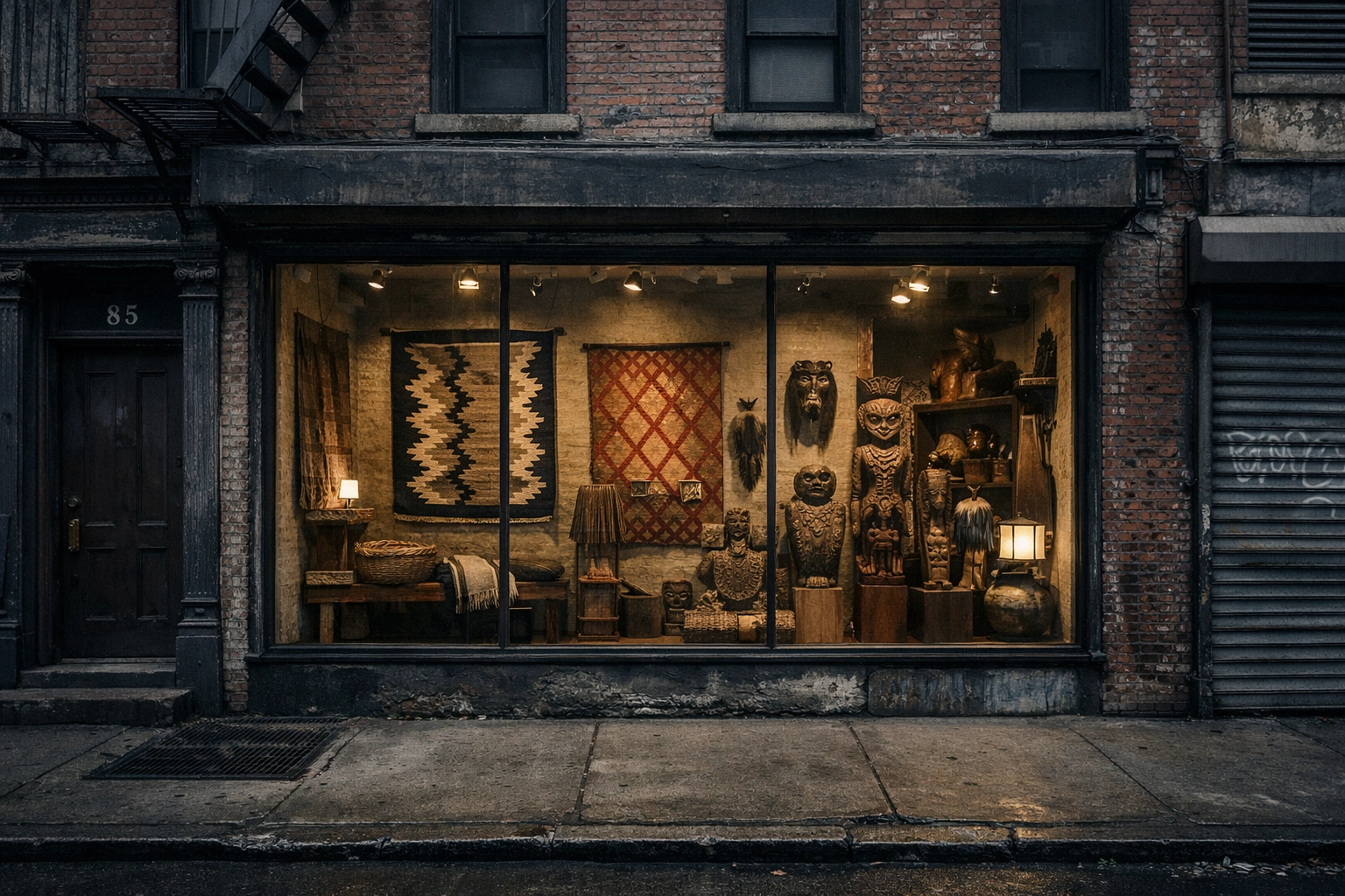 Indigenous design storefront and textiles in a historic New York East Village brick building.