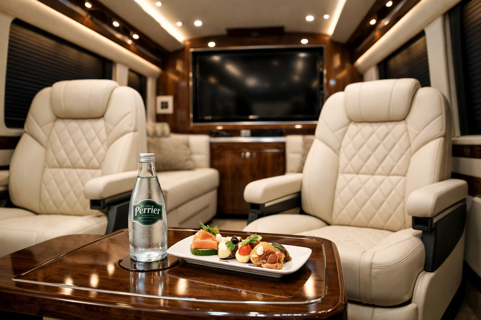 Luxury executive sprinter van interior providing comfort for Super Bowl corporate travel.