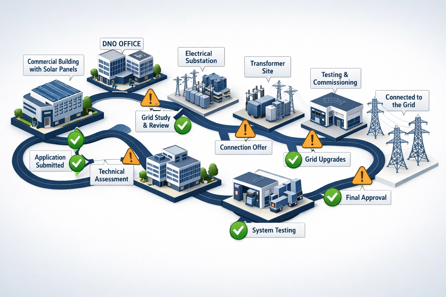 Commercial solar grid connection process flowchart showing DNO approval stages and checkpoints