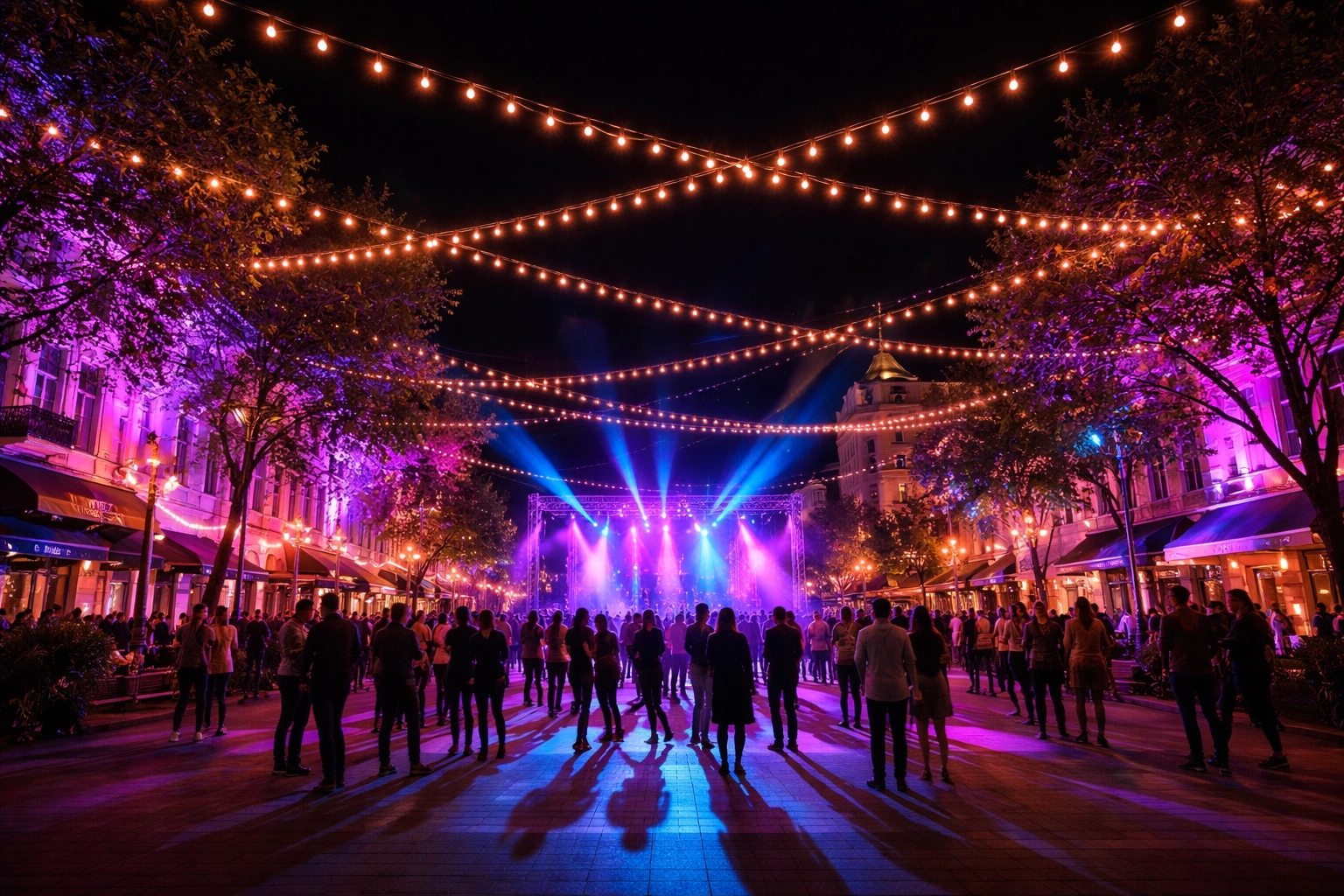 Downtown plaza lit with colorful production lighting at night, with community members dancing at a public event