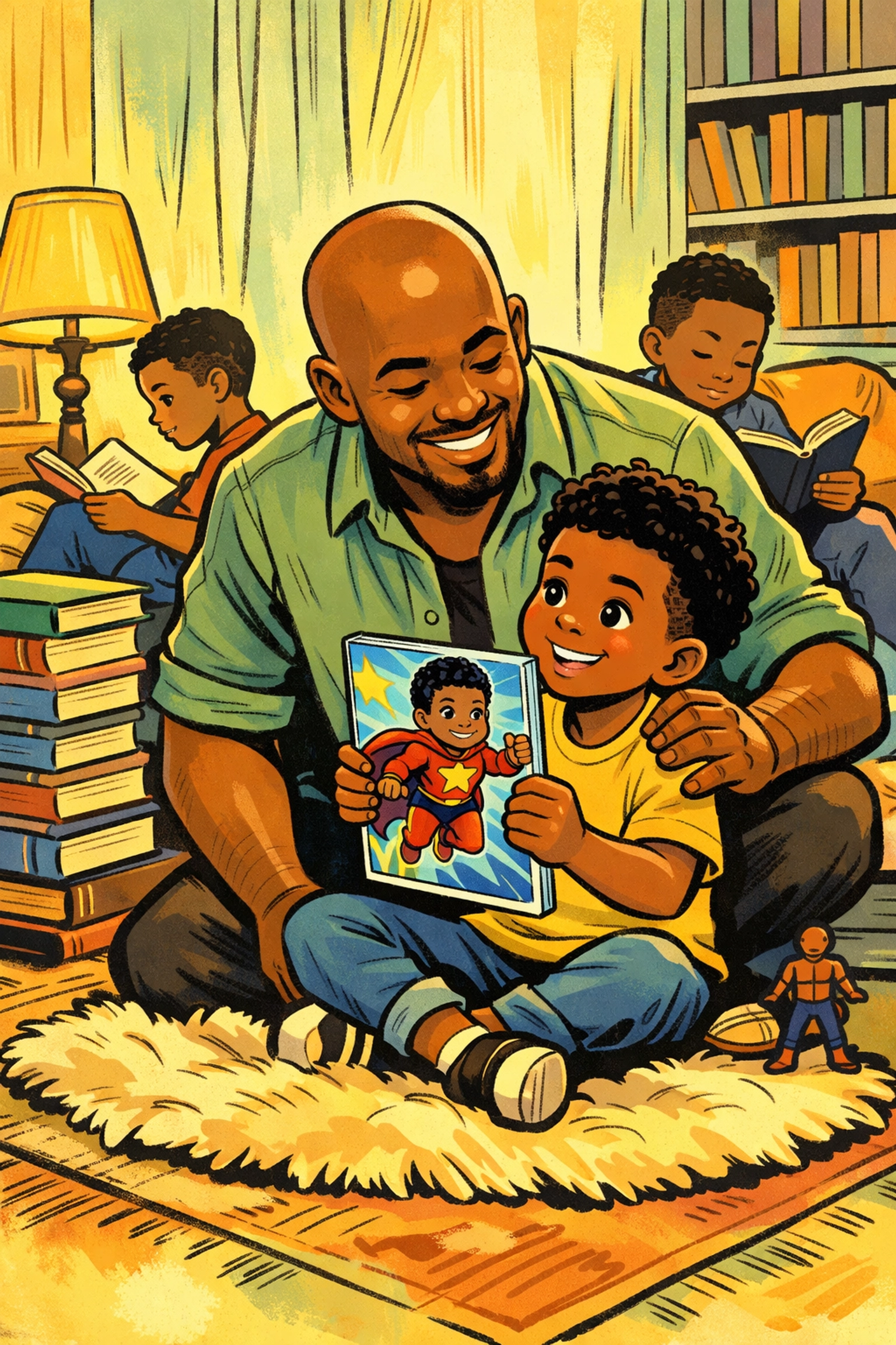 Father and son enjoying books together in a home reading nook, building literacy and connection
