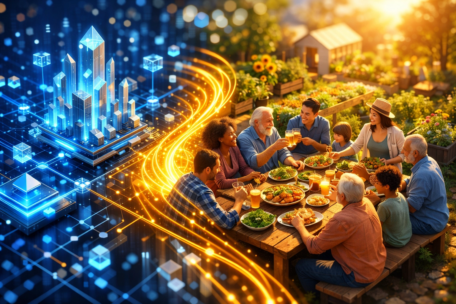 Digital network nodes powering a community garden, symbolizing Larecoin’s transparent 1.5% social impact tax.