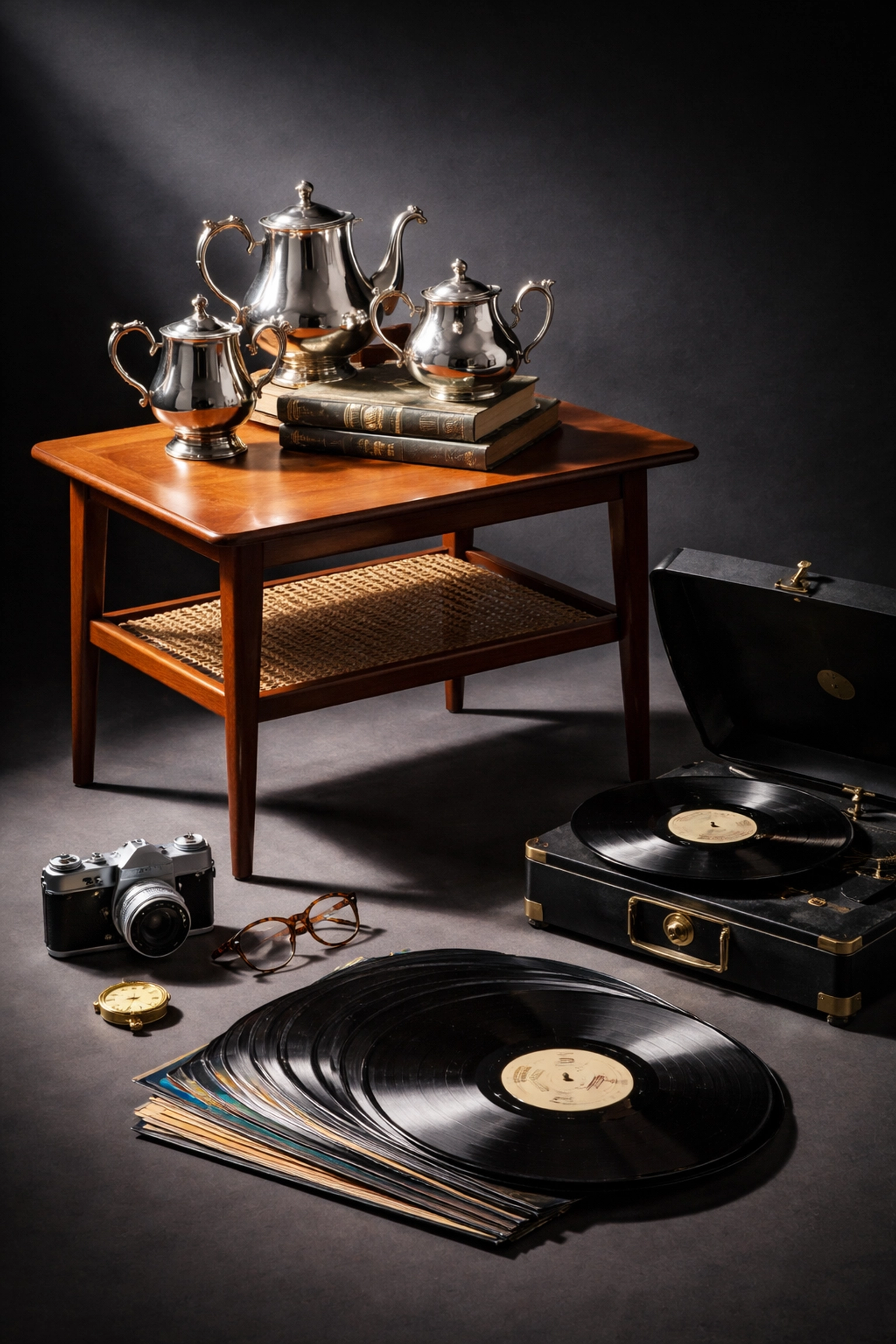 Vintage estate items like a teak table and silver tea set prepared for online auction during Powell home downsizing.