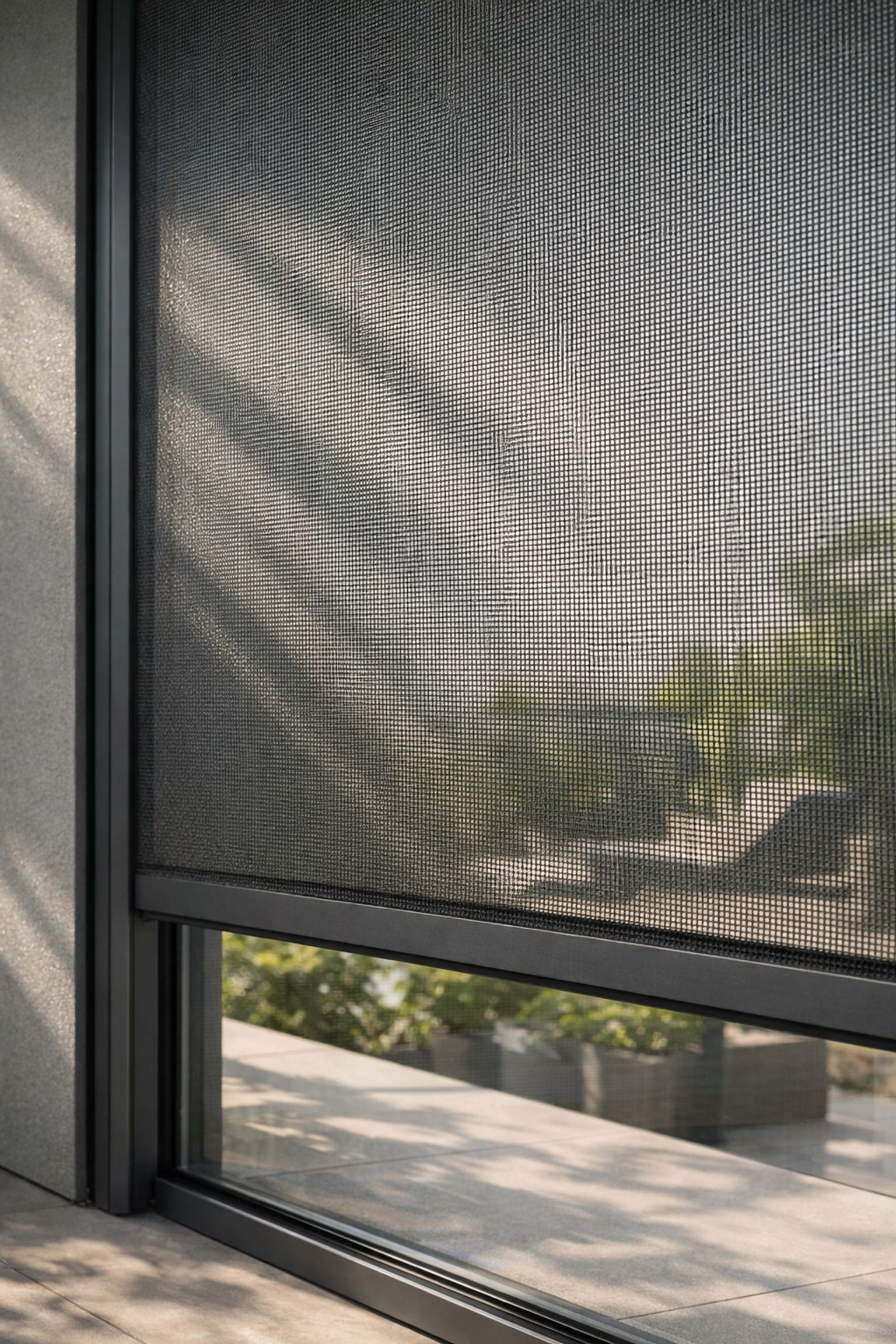 Moderner Zip Screen Wien für transparenten Hitzeschutz und Tageslicht am Panoramafenster.