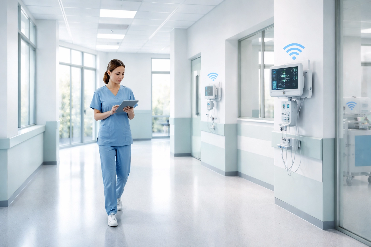 Modern hospital corridor in Cape Town with staff using digital devices and visible WiFi connectivity