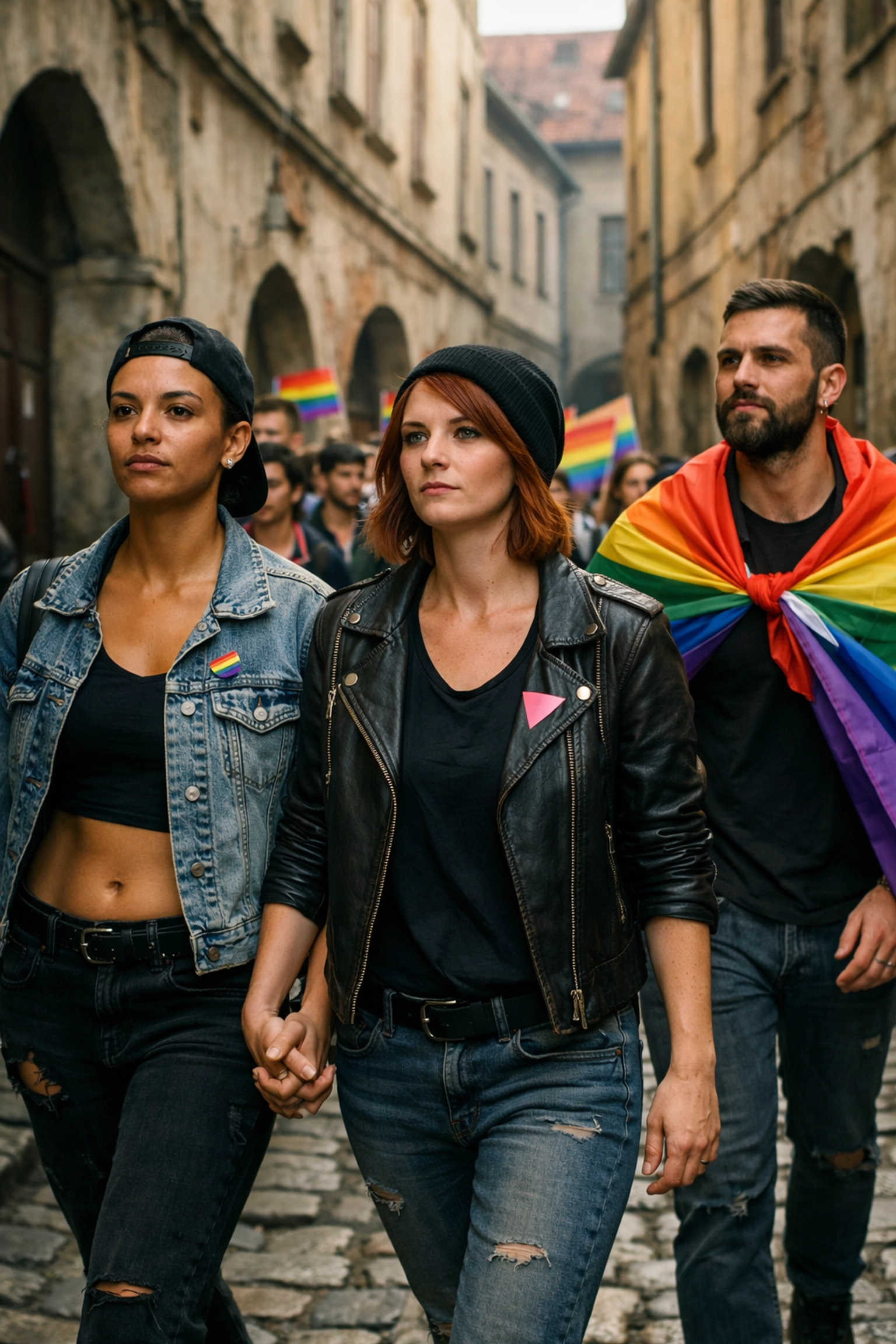 LGBTQ+ activists marching through a historic Central European city, standing up for queer equality and rights.