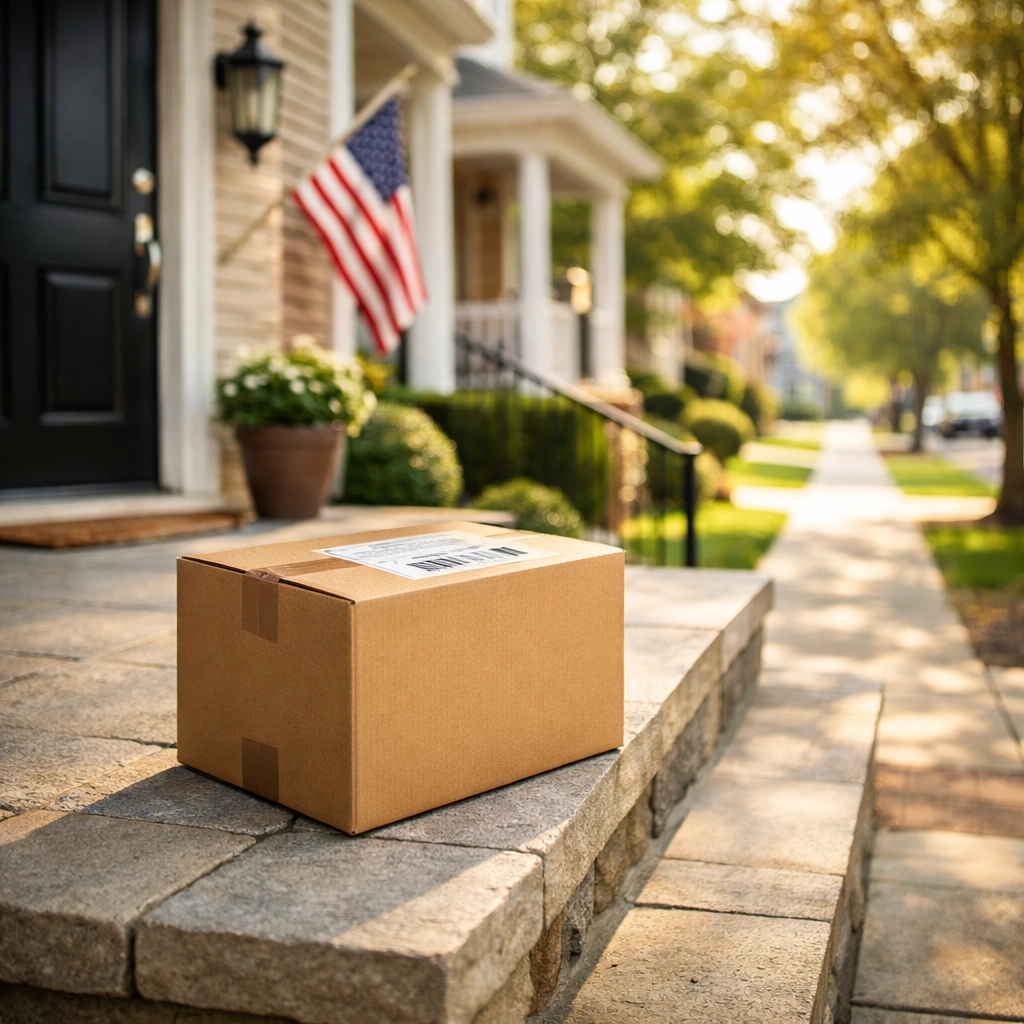 A parcel delivered safely to the doorstep of a US home, showcasing reliable final-mile delivery from the UK.