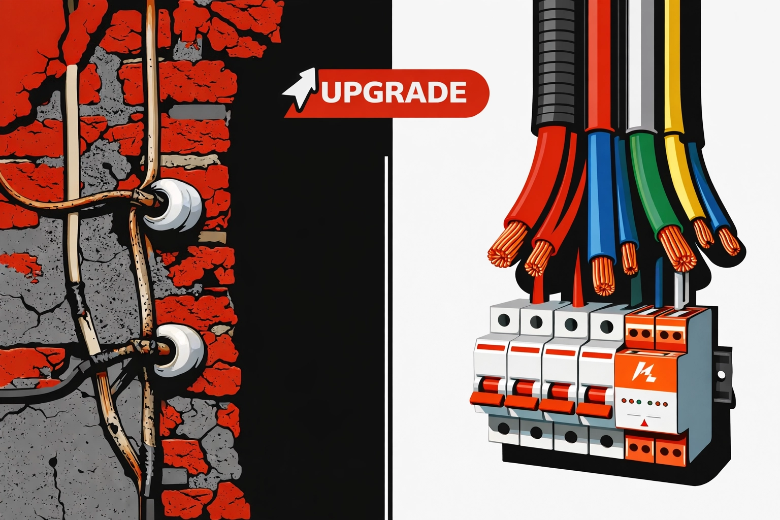 CI-Illustration Elektro-Zentrum: Altbau-Elektrik vs. Upgrade (Leitungsquerschnitt, Automaten, Überspannungsschutz)