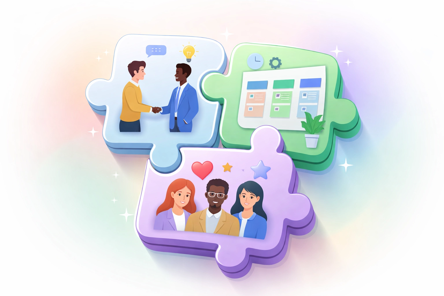 Interlocking puzzle pieces representing unified HR, CRM, and project management for streamlined SMB operations