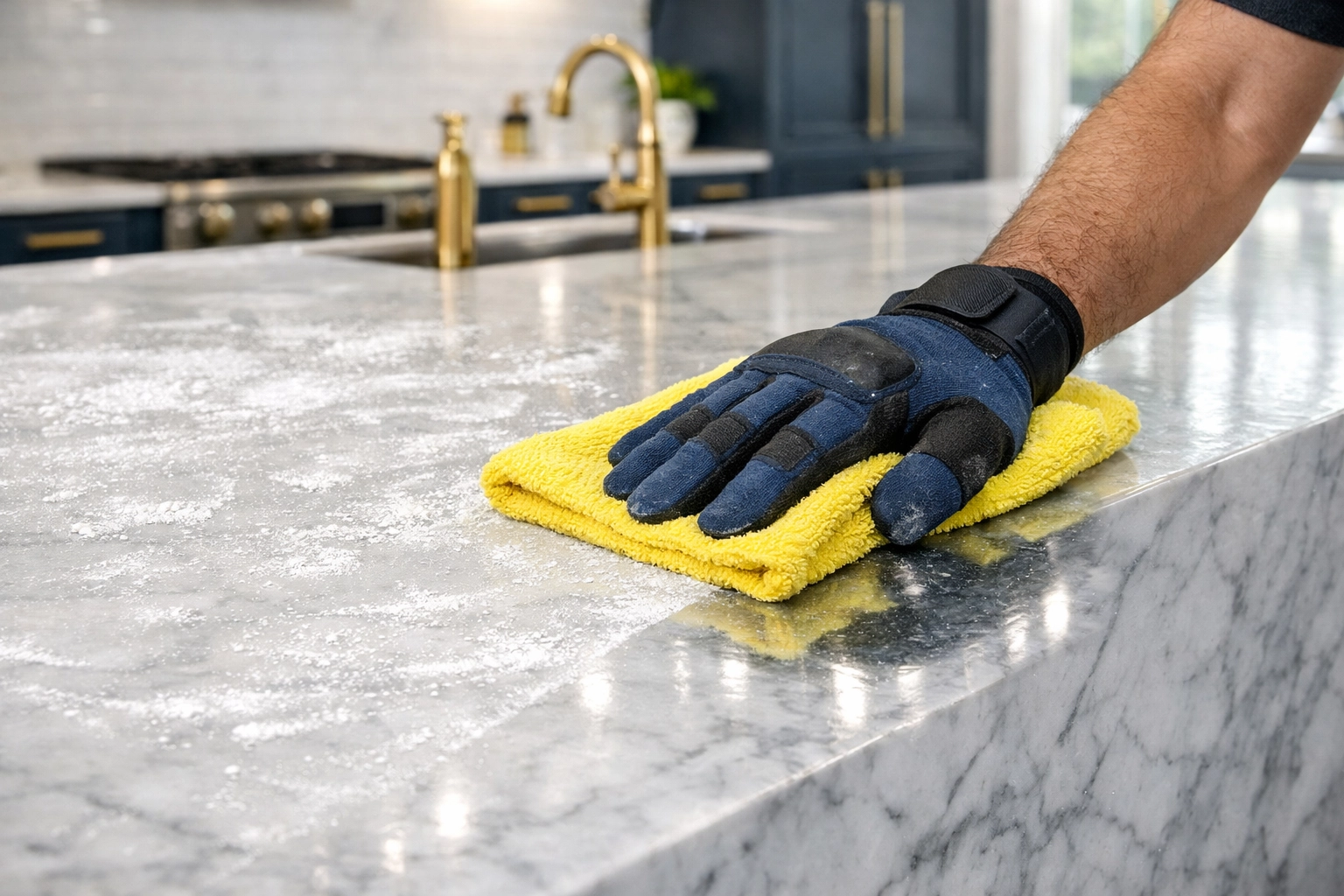 Professional cleaner wiping drywall dust from a marble kitchen island during detailed post construction cleaning.