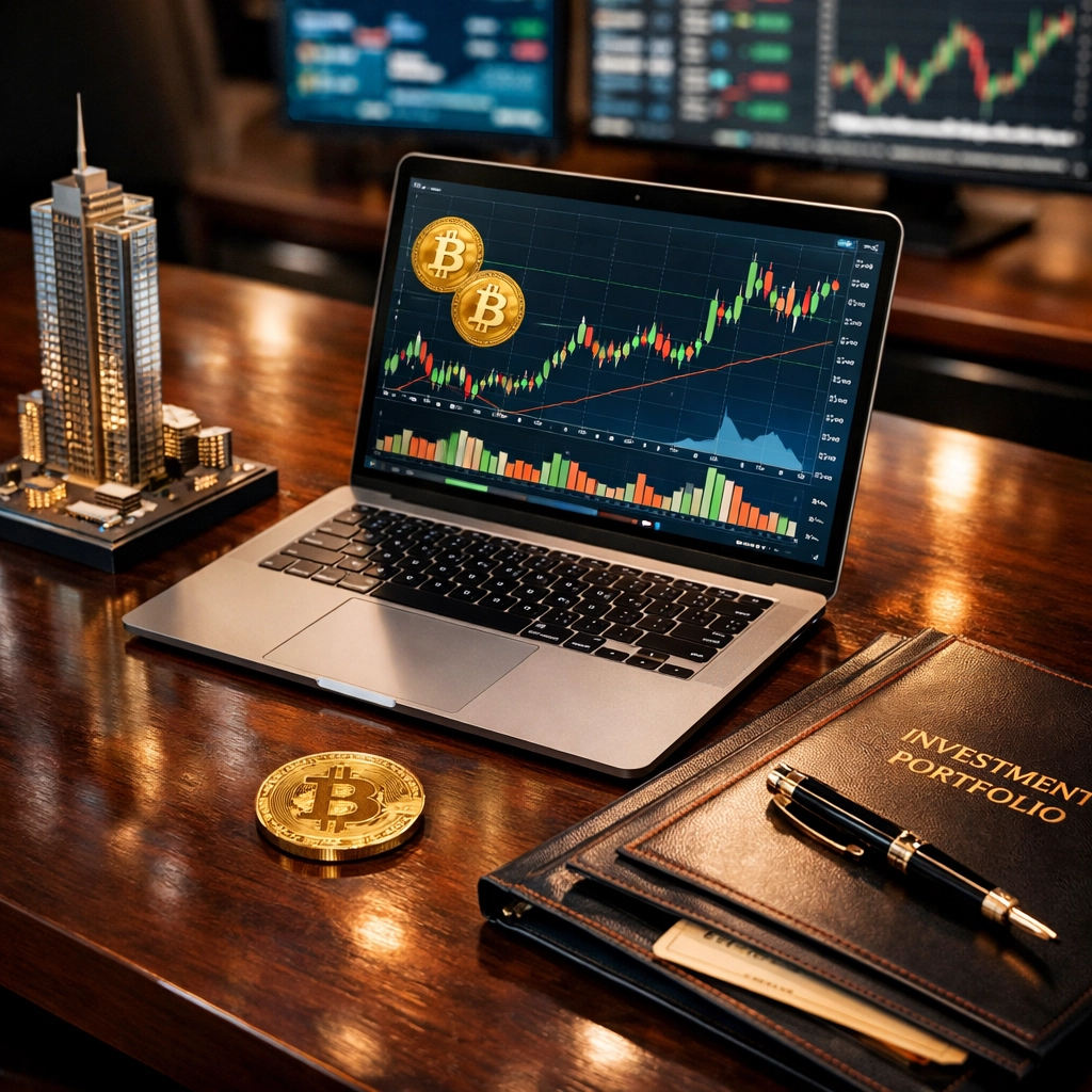 Diversified alternative investment portfolio featuring cryptocurrency, real estate, and traditional assets