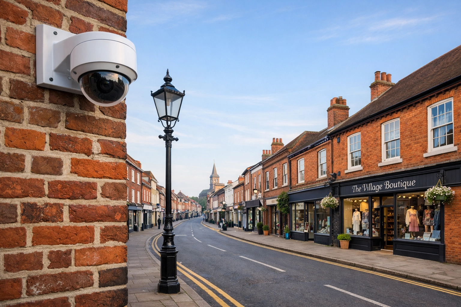 Professional CCTV installation on a traditional brick building in an Alton high street, Hampshire.