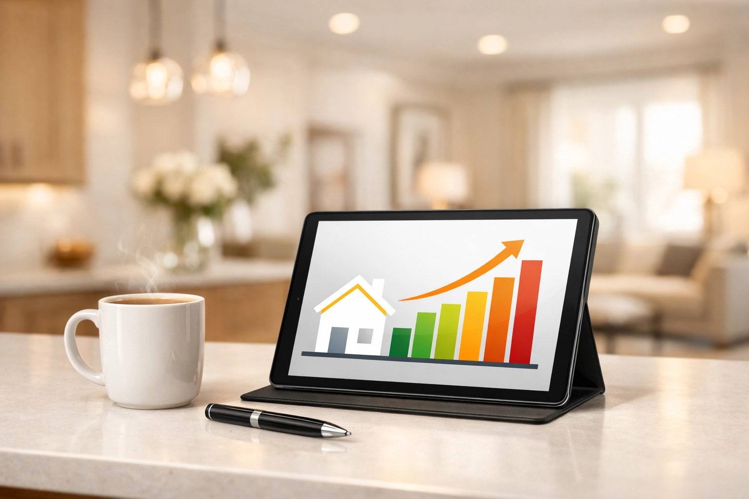 Tablet displaying house icon and bar chart on a kitchen counter for self-employed mortgage budget planning.