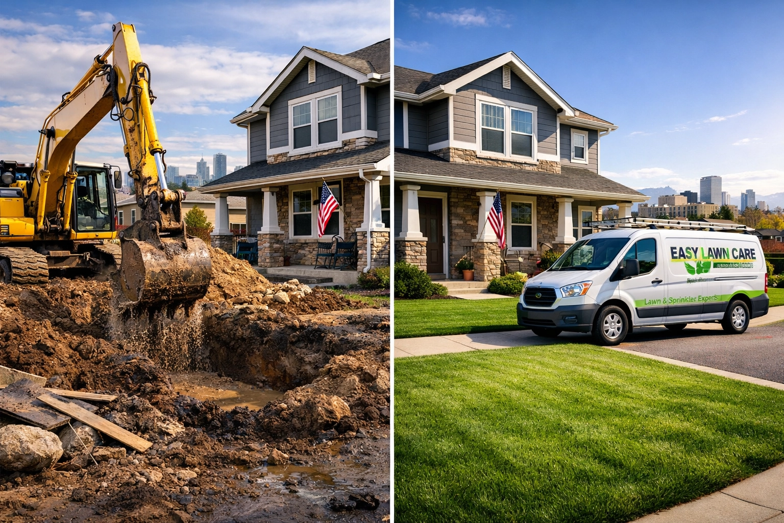Comparison of messy traditional sewer excavation versus clean trenchless Denver sewer repair at a residential home.