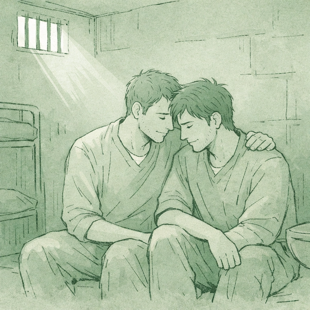 Intimate moment between Cris and Zak in prison cell - gay romance novel Concrete Heart