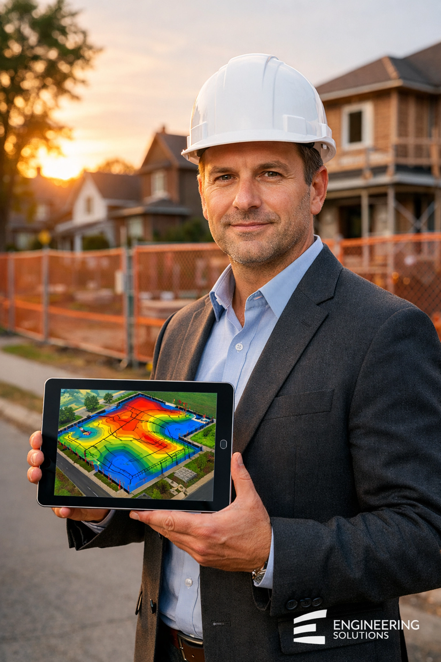 Ontario civil engineer reviewing a site grading and stormwater management plan on a digital tablet.