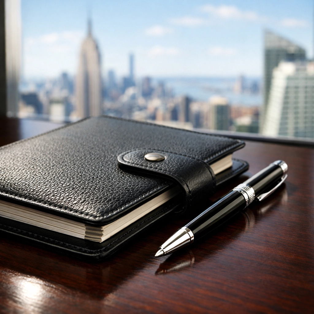Executive planner and pen on a desk representing strategic Super Bowl event logistics planning.