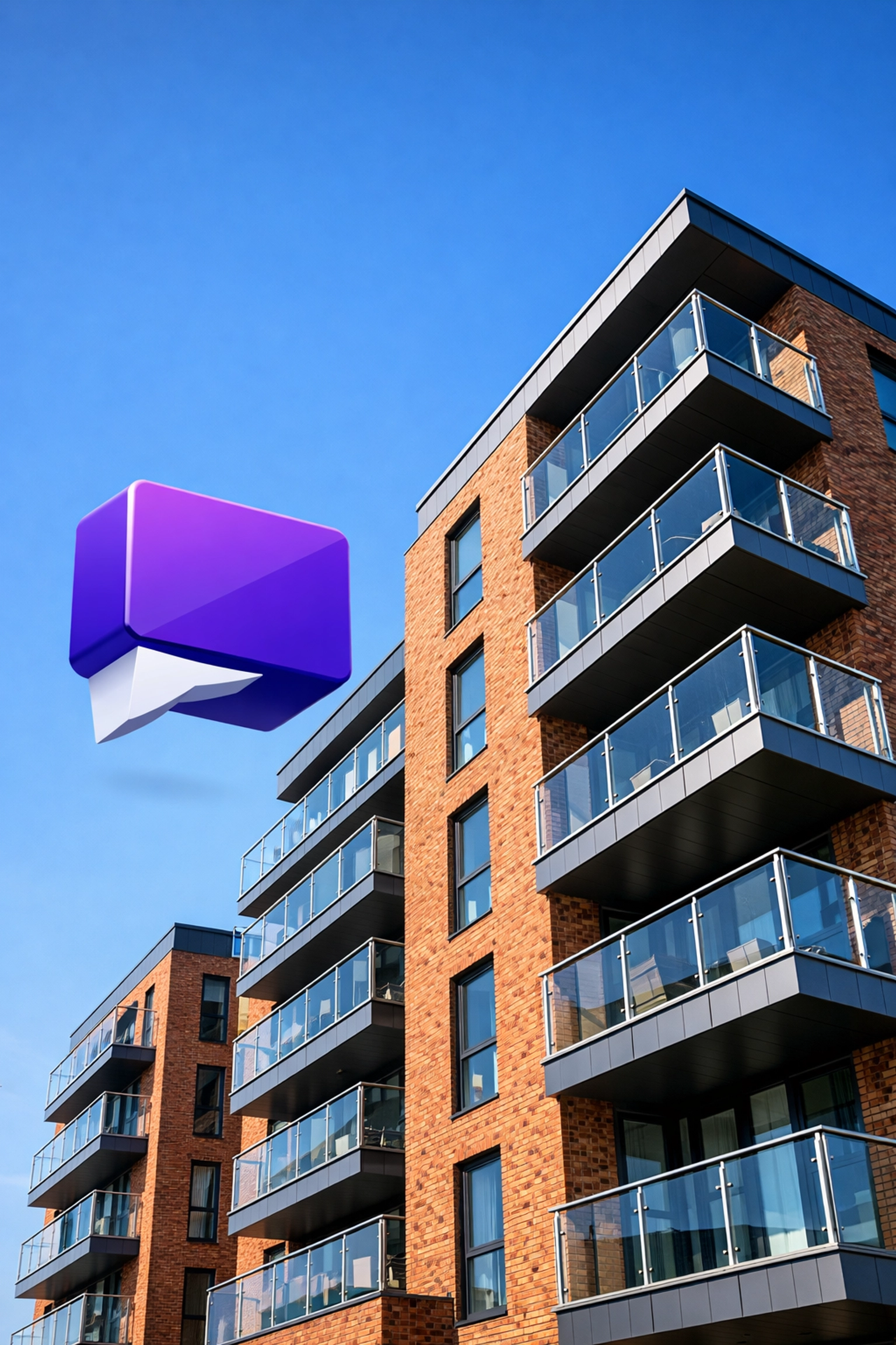 Modern Essex apartment building with a speech bubble icon representing clear communication in block management.