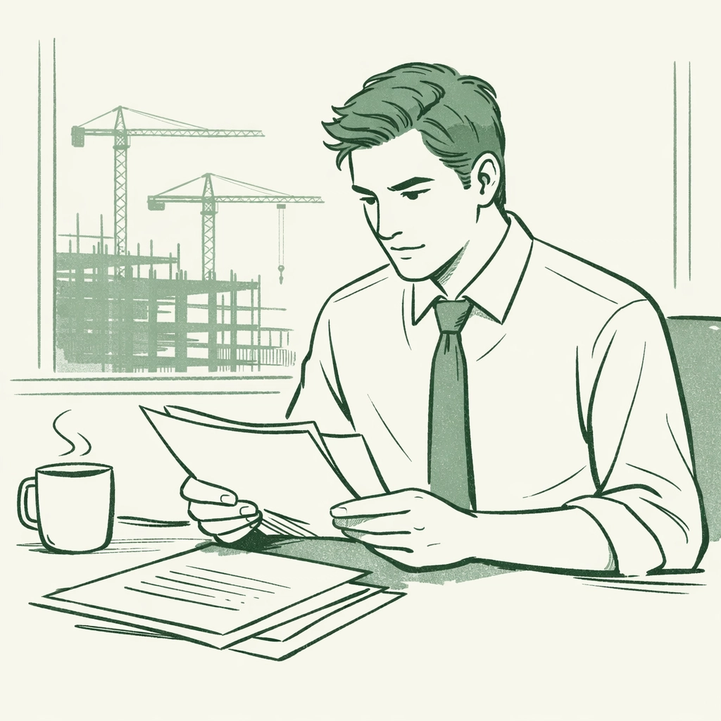 Ambitious policy aide Marcus reviews documents overlooking construction site in gay romance novel