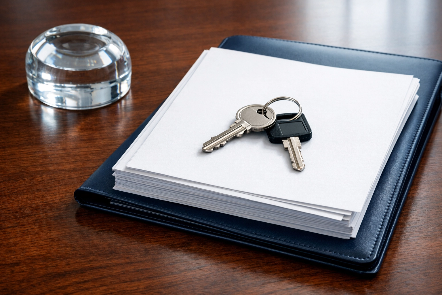 Office keys on a stack of closing documents representing a successful business transition.