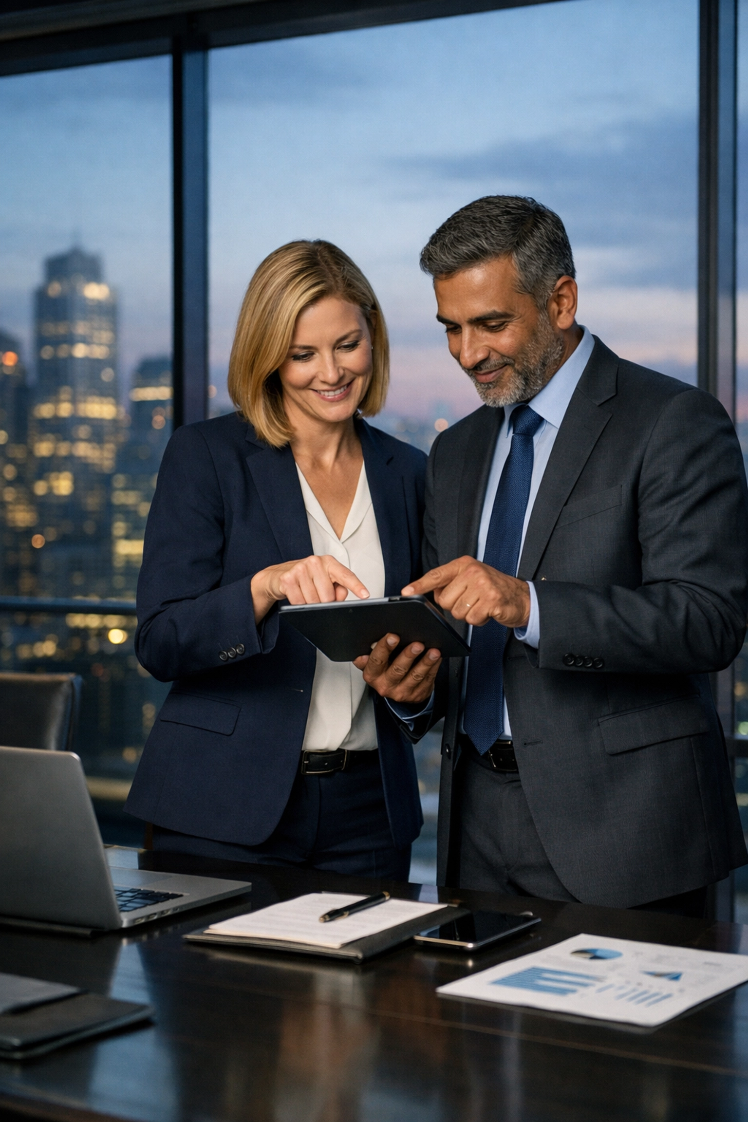 Business professionals using an Apple tablet to collaborate on AI-driven tasks in a modern corporate boardroom.