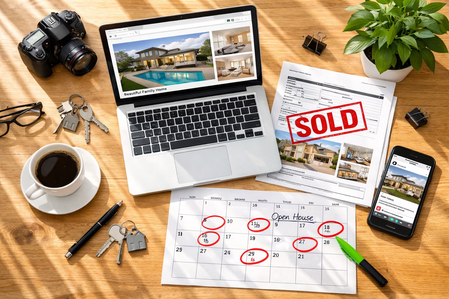 Realtor's desk showing spring listing schedule and sold property marketing