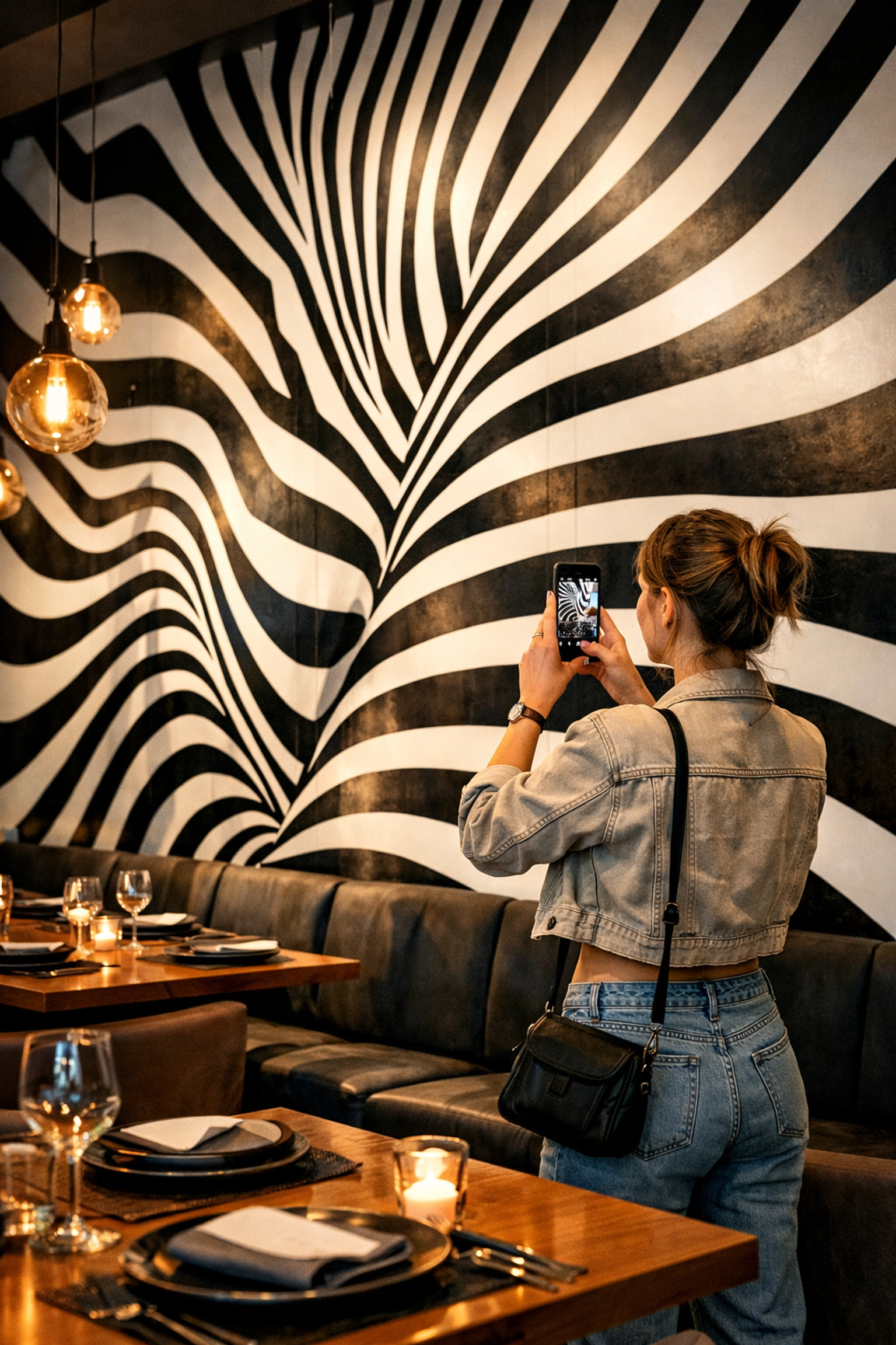 Diner photographing bold zebra striping restaurant interior design trend