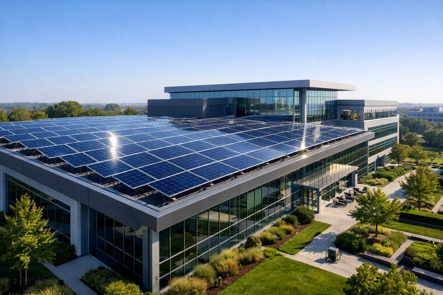 Modern commercial office building with a vast rooftop solar panel array for business energy independence.