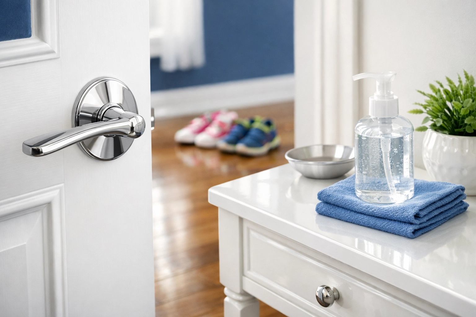 Sanitized high-touch surfaces in a Leominster family home entryway after a thorough professional deep clean.