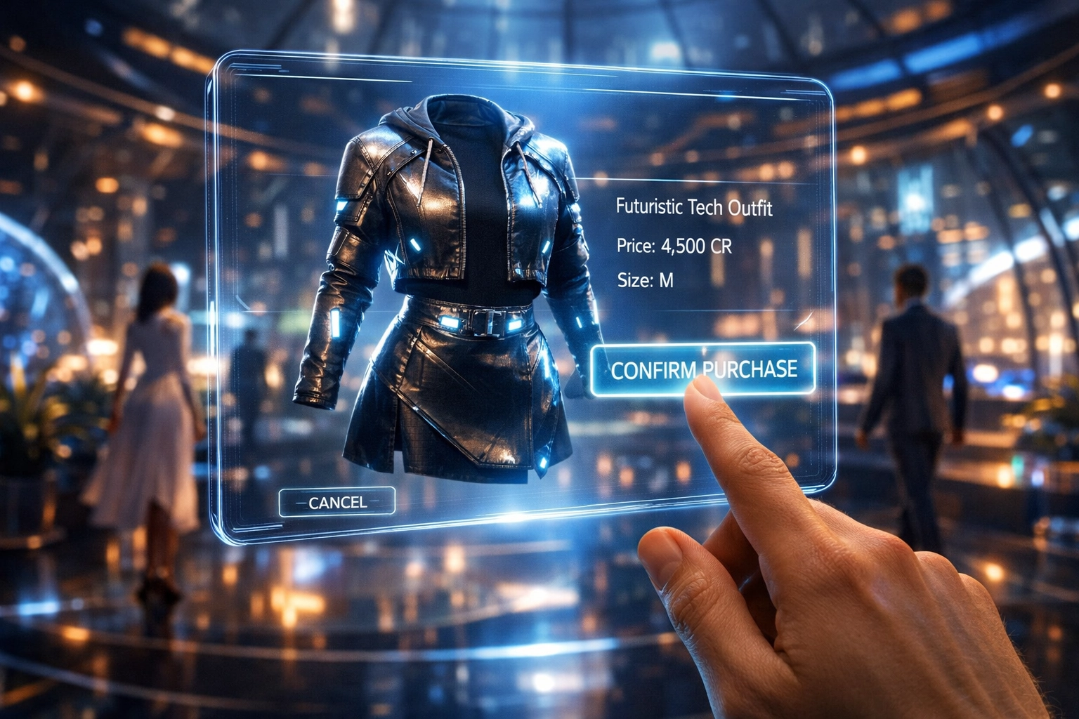 User confirming a digital fashion purchase via gesture-based payments in a Larecoin.ai metaverse showroom.