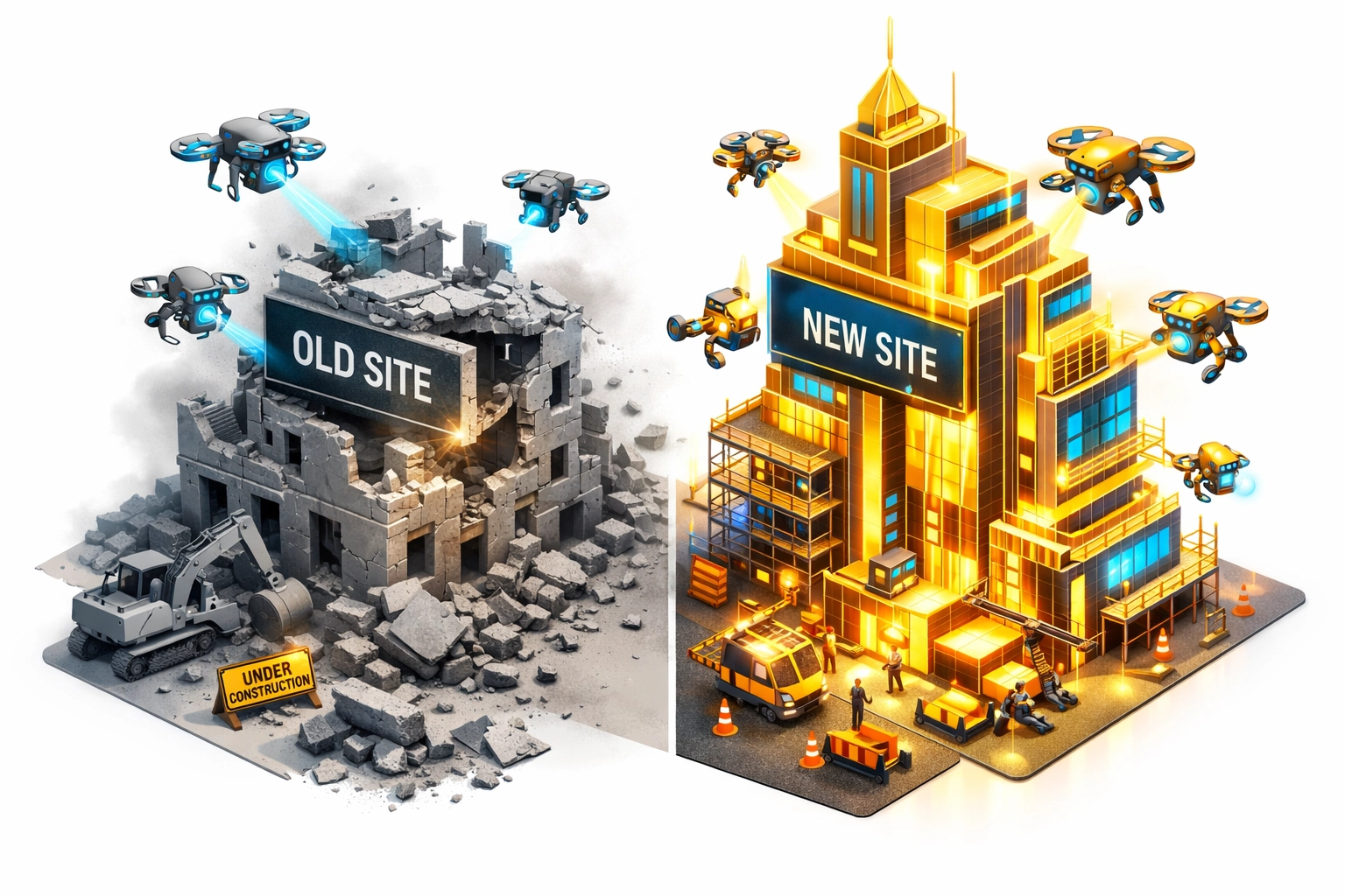 Digital construction scene showing drones updating an old site to ensure business growth and modern functionality.