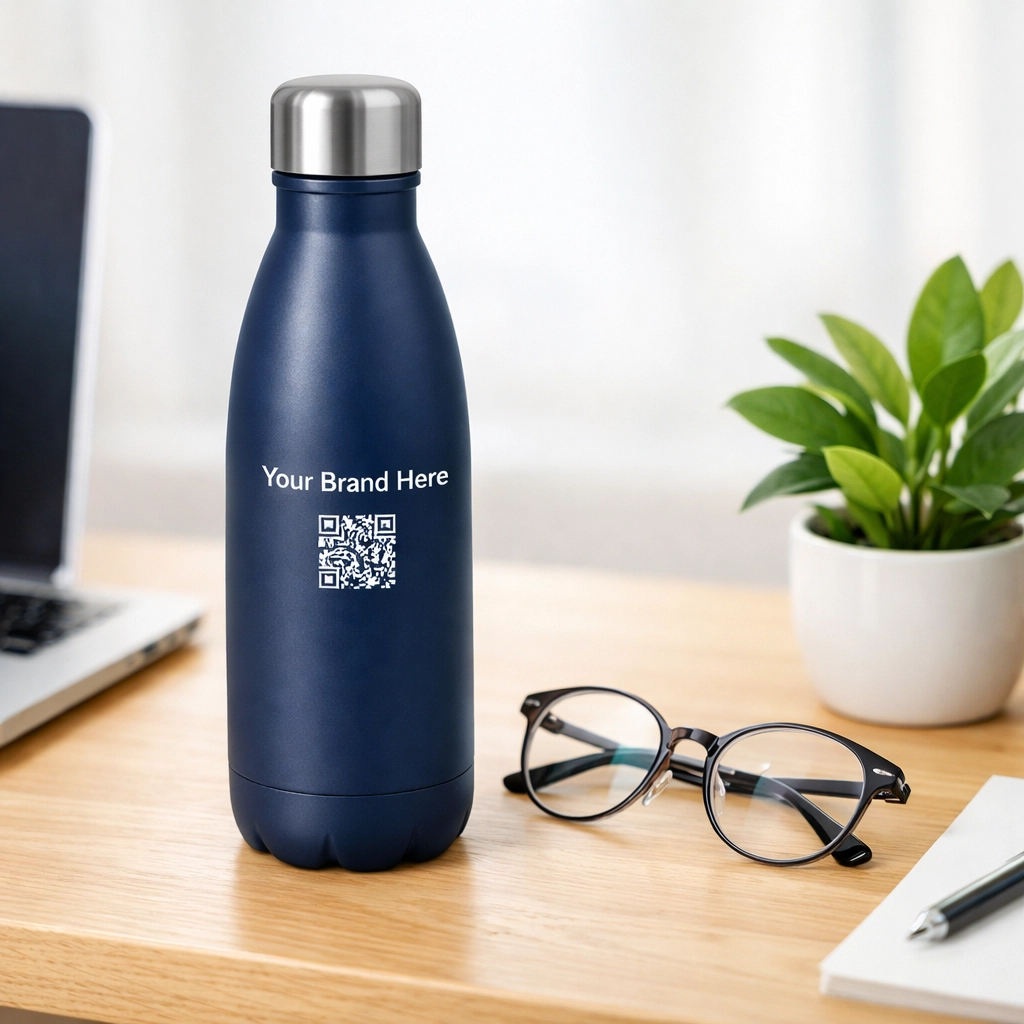 Custom branded navy blue water bottle on a desk showing a QR code for digital engagement.