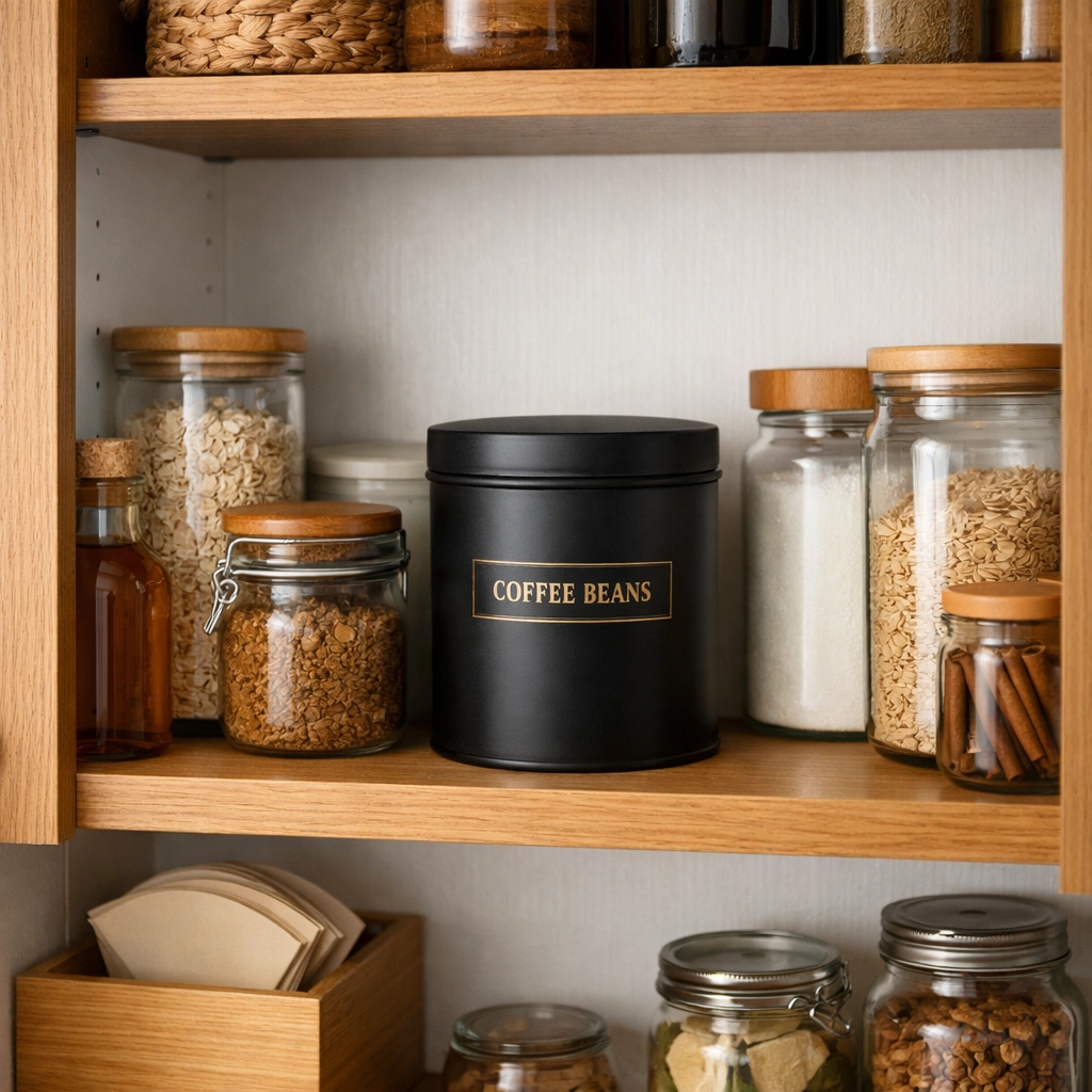 Coffee beans stored in dark cupboard away from heat and light for optimal freshness