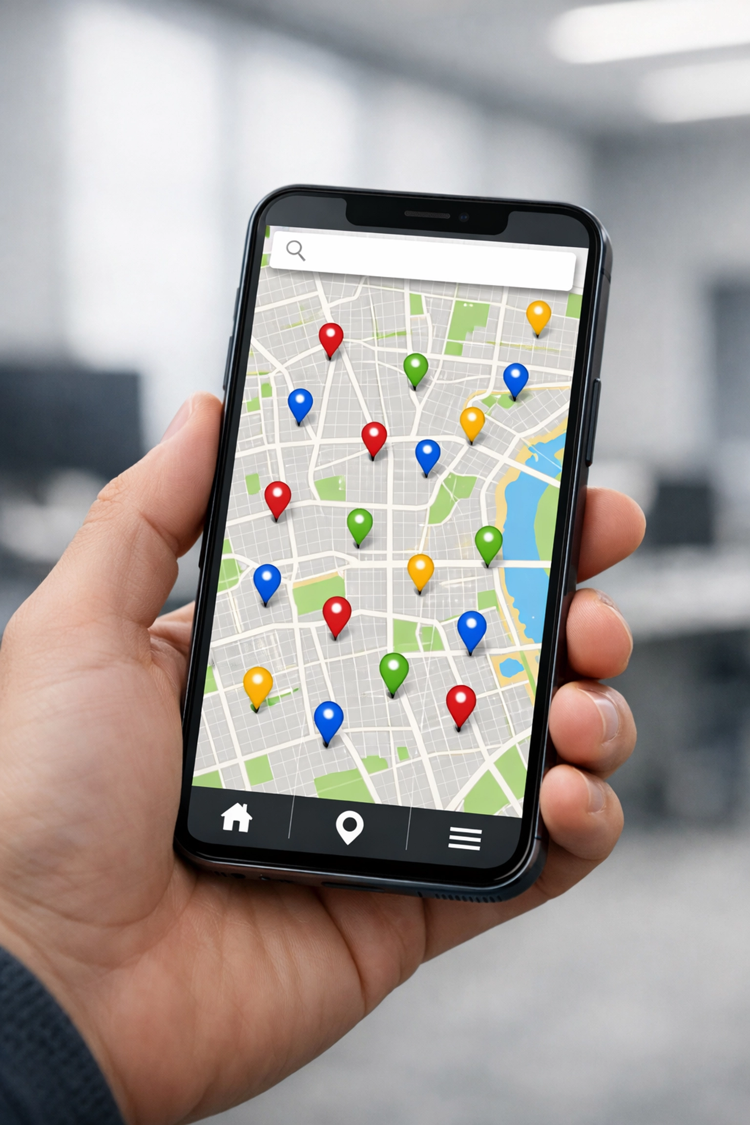 Mobile device showing local rank tracking grid with pins marking business locations