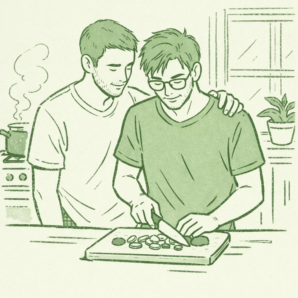Gay couple cooking together in their kitchen, sharing an intimate moment over meal preparation