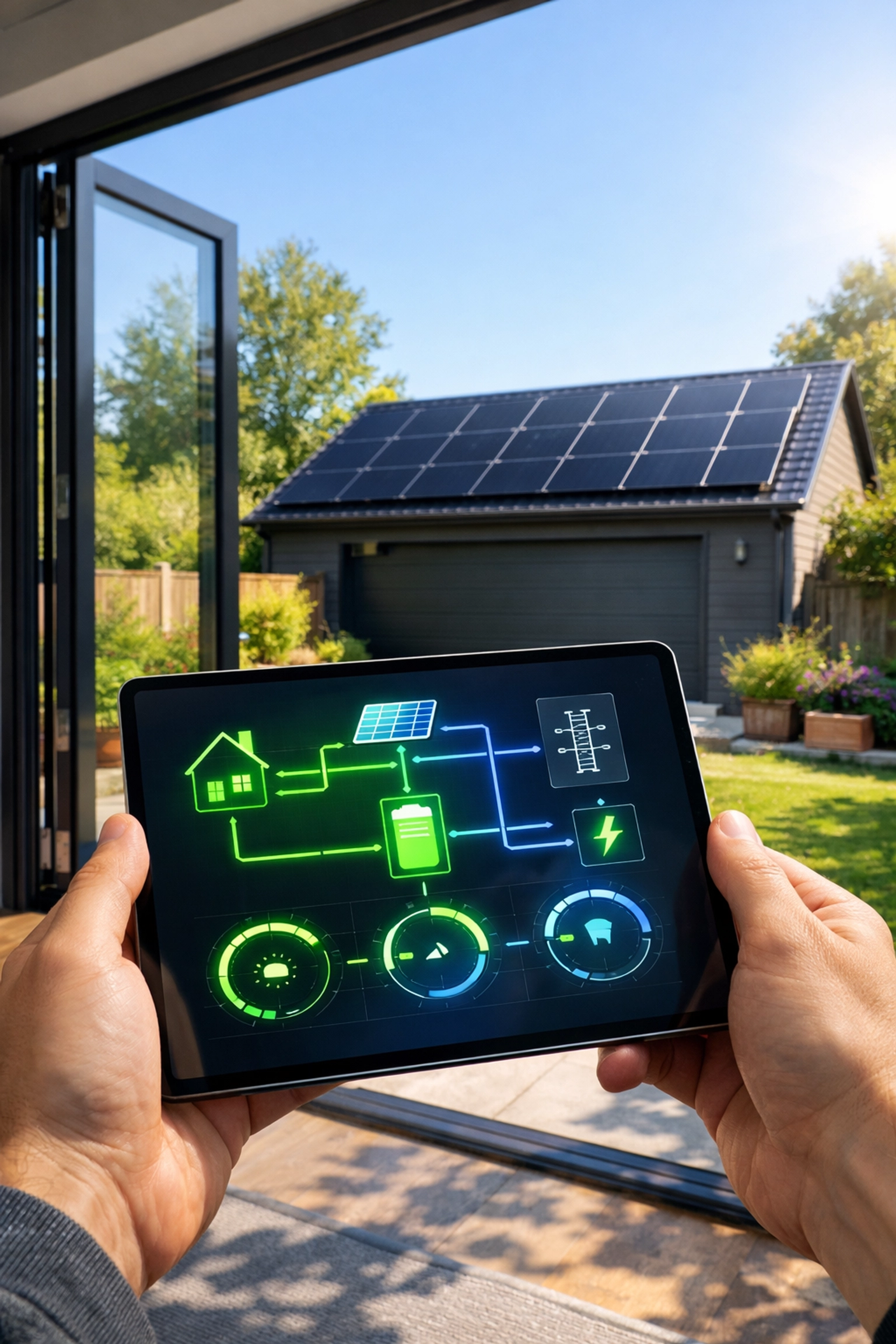 Homeowner using a solar energy monitoring app with a residential solar panel array in the background.