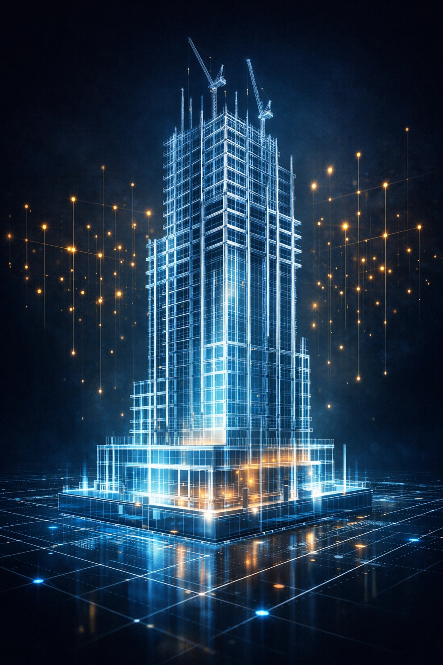 Digital blueprint of a rising building symbolizing the technical SEO foundation for Toronto businesses.