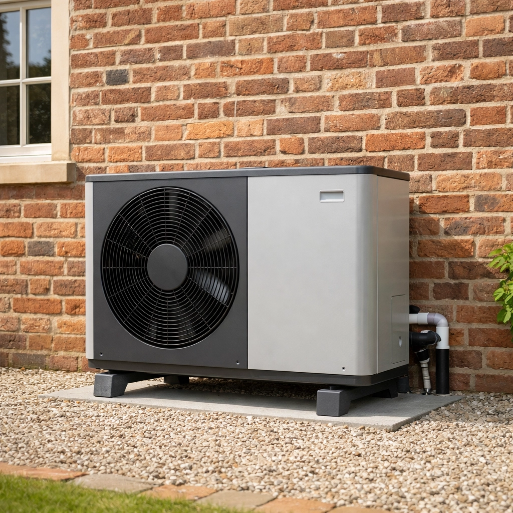 External air source heat pump unit installed against a traditional red-brick wall in Northamptonshire.